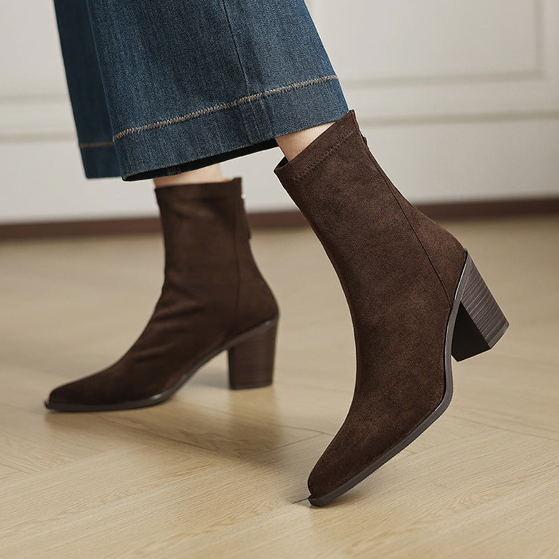 Women's Suede Mid Calf Boots – Sarli Pointed Toe with Block Heel