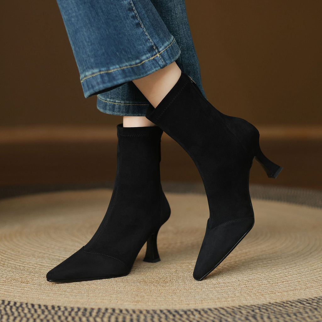 Women's Suede Ankle Boots – Corvella Pointed Toe with Slim Heel