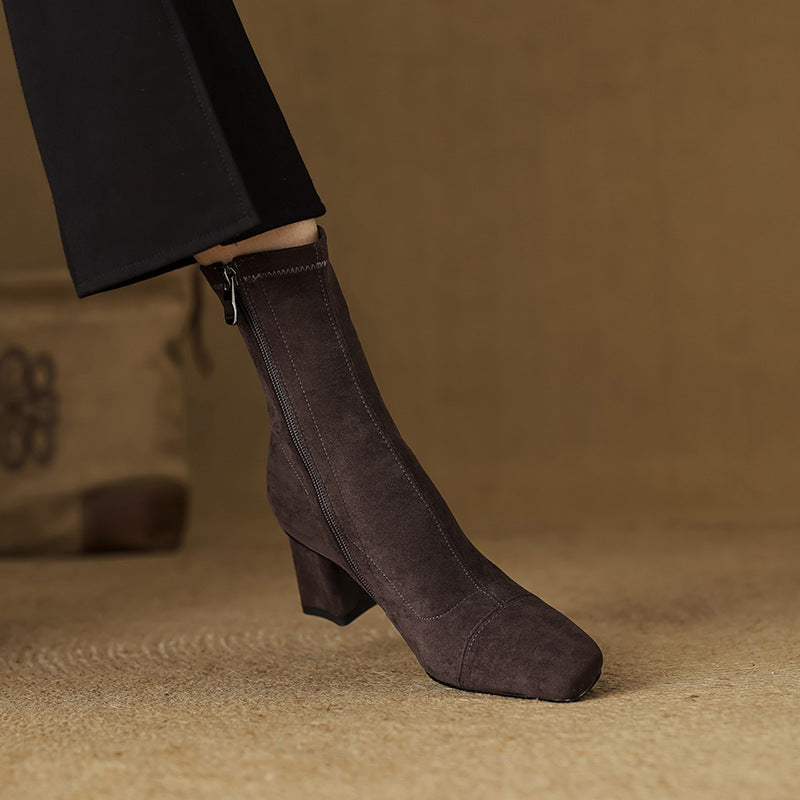 Women's Suede Ankle Boots – Sari Square Toe with Block Heel