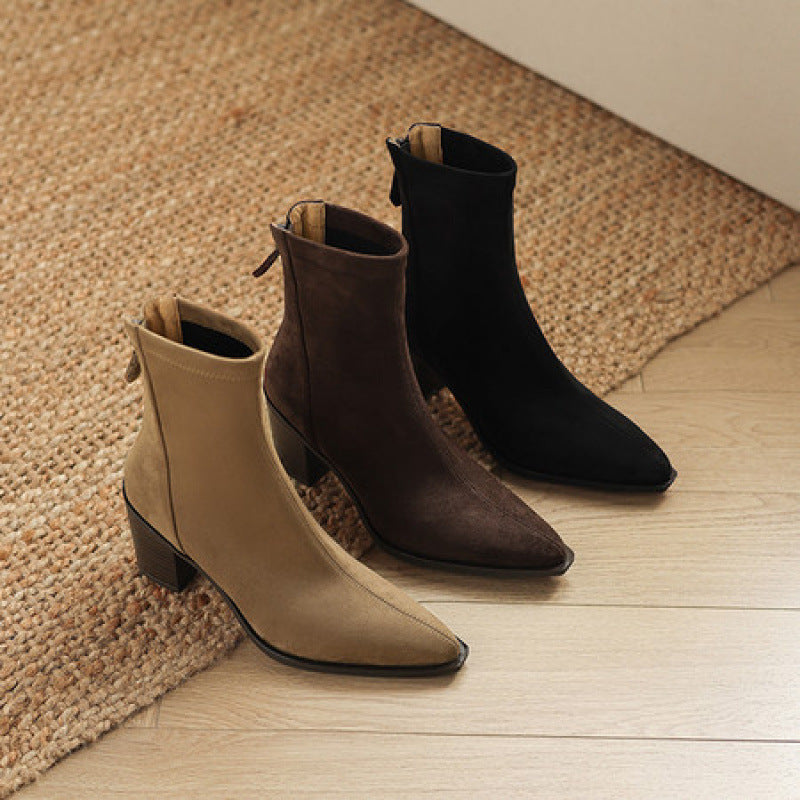 Women's Suede Mid Calf Boots – Sarli Pointed Toe with Block Heel