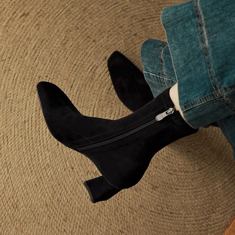 Women's Suede Ankle Boots – Sari Square Toe with Block Heel