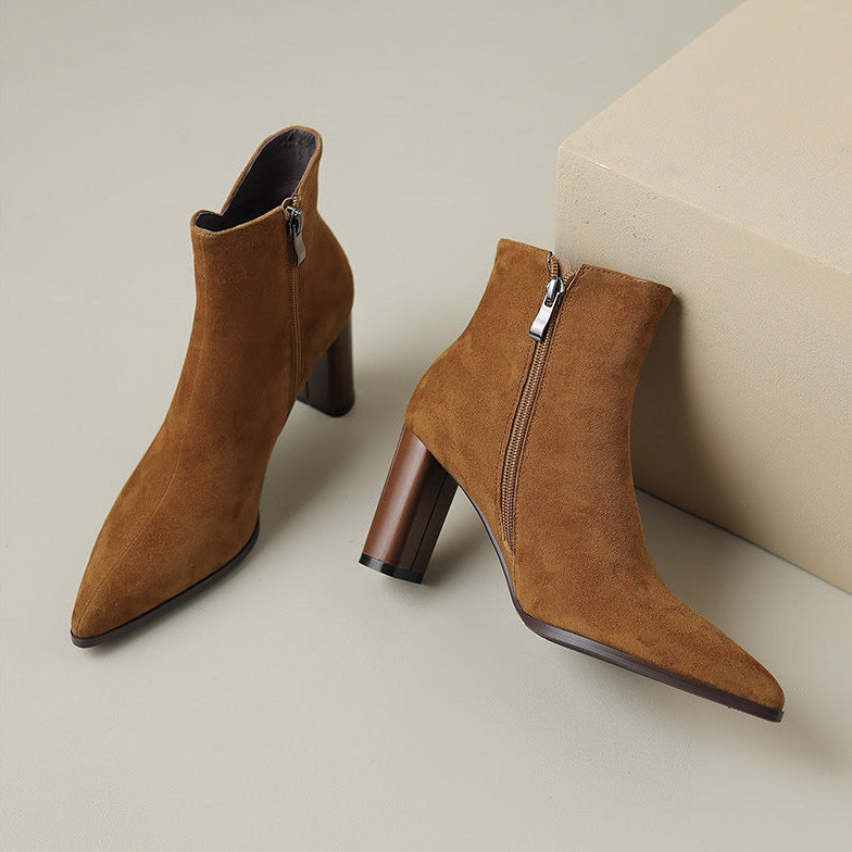 Women's Suede Ankle Boots – Verlune Pointed Toe with Block Heel