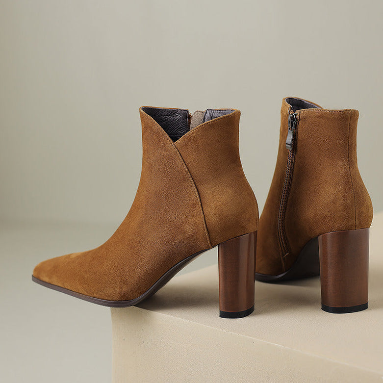 Women's Suede Ankle Boots – Verlune Pointed Toe with Block Heel
