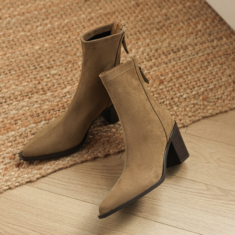 Women's Suede Mid Calf Boots – Sarli Pointed Toe with Block Heel