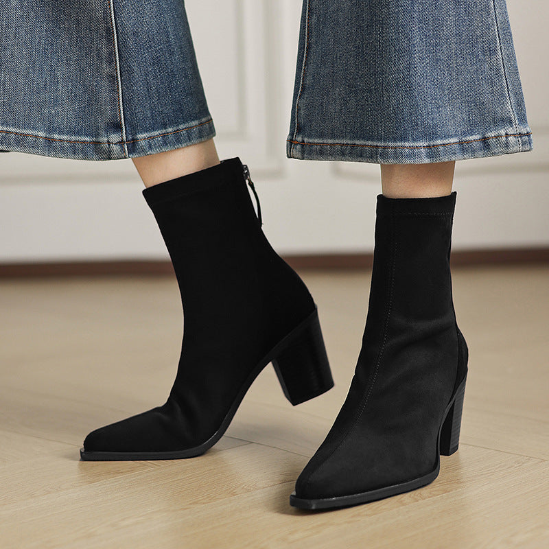 Women's Suede Mid Calf Boots – Sarli Pointed Toe with Block Heel