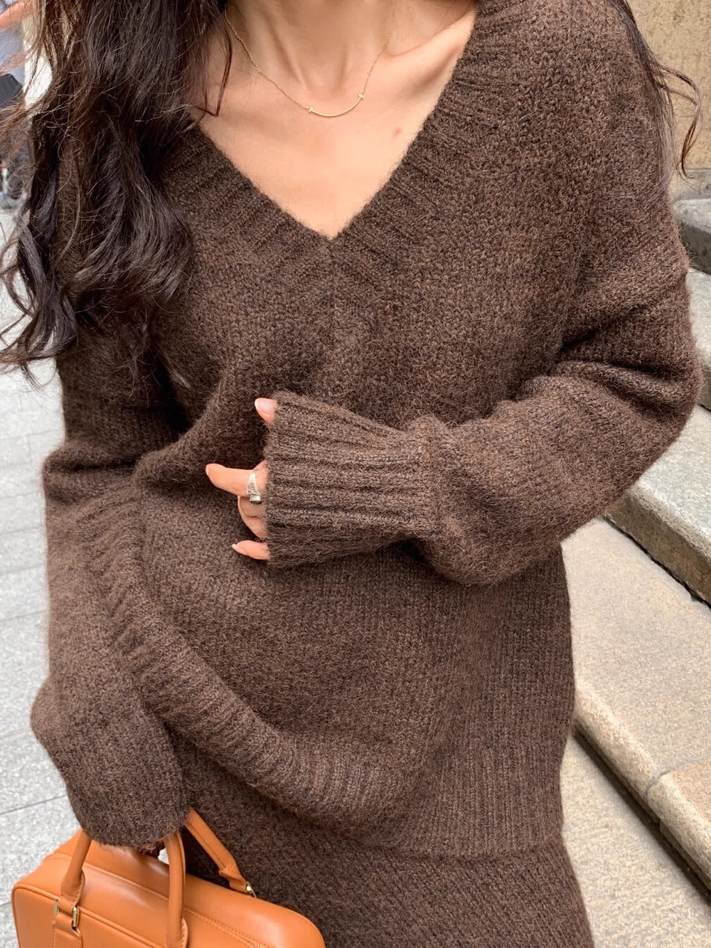 Women's Knitted Co-ord Set in brown, view 2