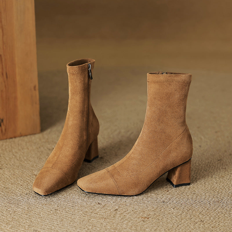 Women's Suede Ankle Boots – Sari Square Toe with Block Heel
