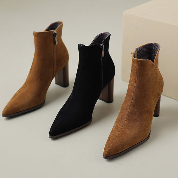 Women's Suede Ankle Boots – Verlune Pointed Toe with Block Heel
