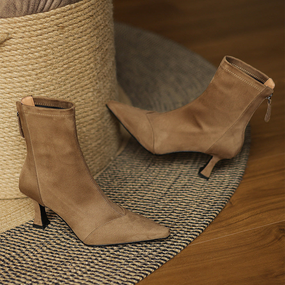 Women's Suede Ankle Boots – Corvella Pointed Toe with Slim Heel