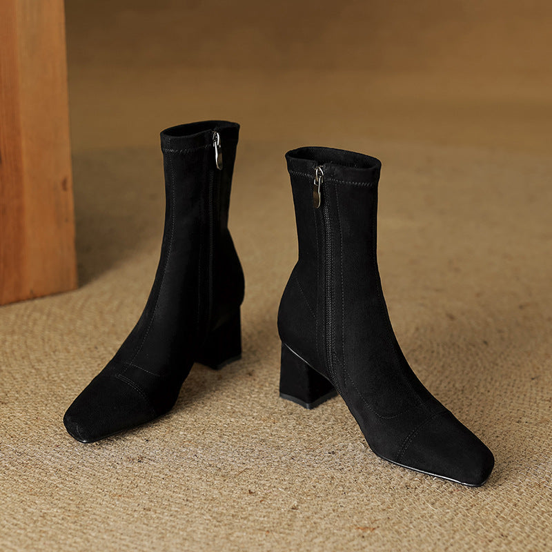 Women's Suede Ankle Boots – Sari Square Toe with Block Heel