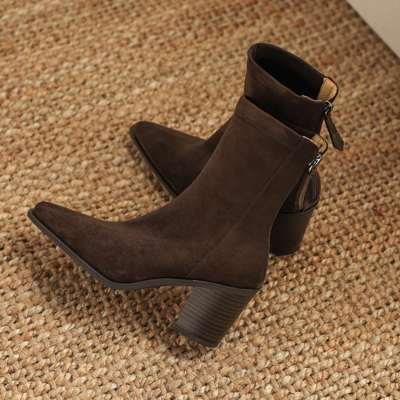 Women's Suede Mid Calf Boots – Sarli Pointed Toe with Block Heel