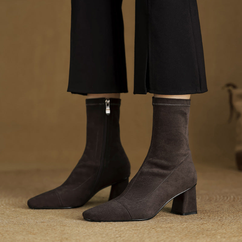 Women's Suede Ankle Boots – Sari Square Toe with Block Heel