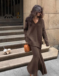 Women's Knitted Co-ord Set in brown – V Neck Jumper and Fluted Maxi Skirt