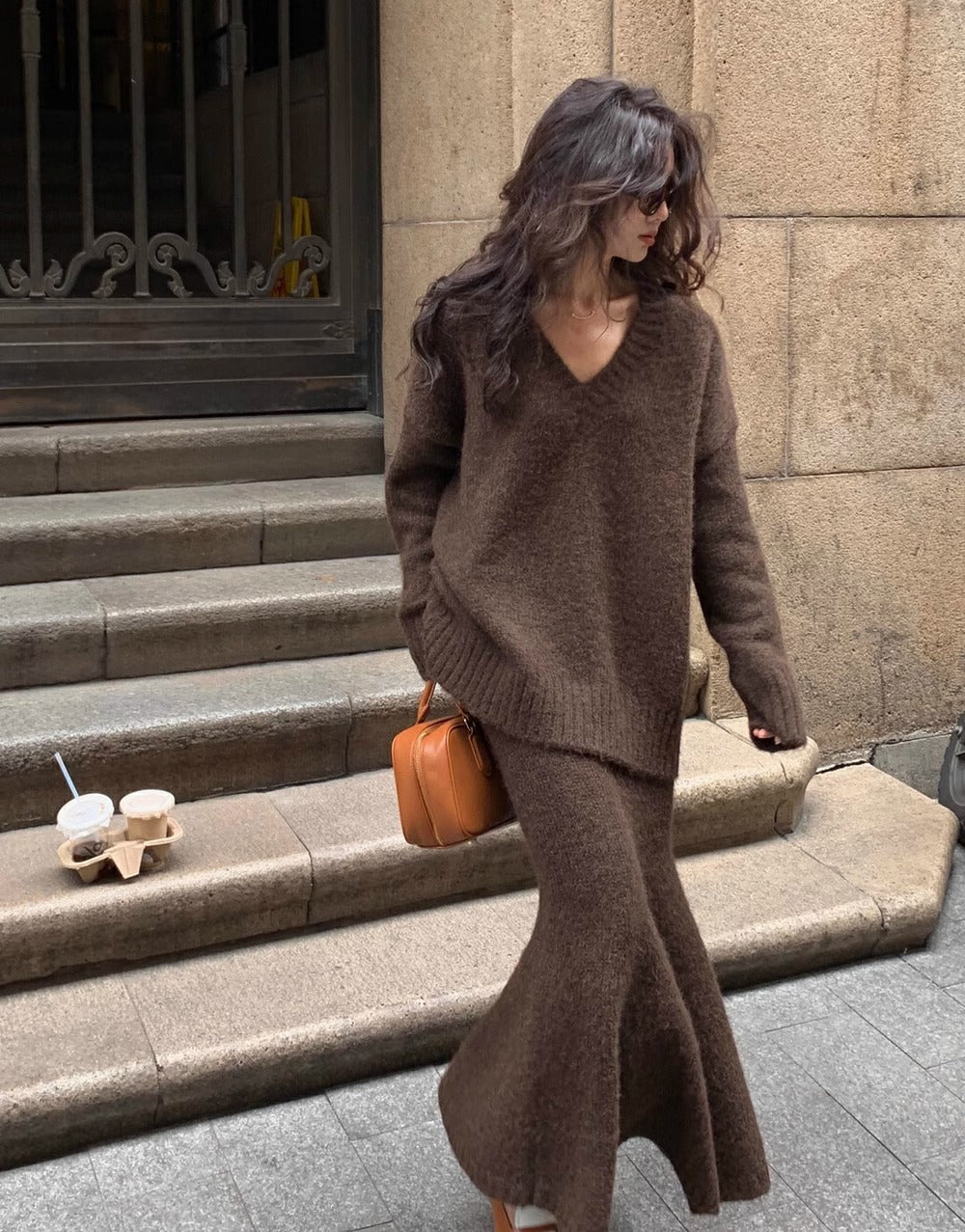 Women's Knitted Co-ord Set in brown – V Neck Jumper and Fluted Maxi Skirt