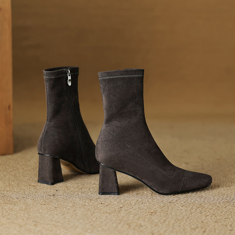 Women's Suede Ankle Boots – Sari Square Toe with Block Heel