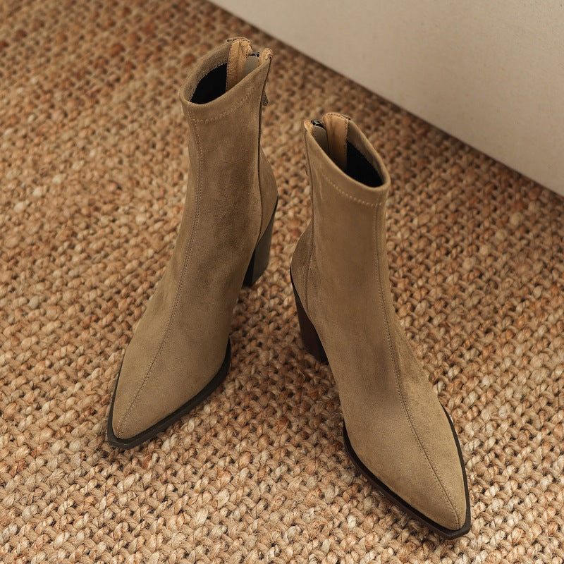 Women's Suede Mid Calf Boots – Sarli Pointed Toe with Block Heel