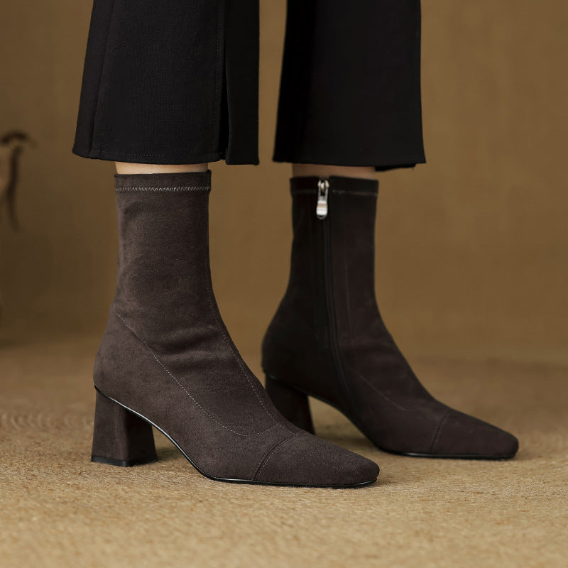 Women's Suede Ankle Boots – Sari Square Toe with Block Heel