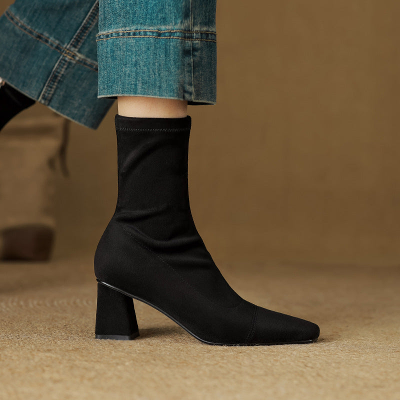 Women's Suede Ankle Boots – Sari Square Toe with Block Heel