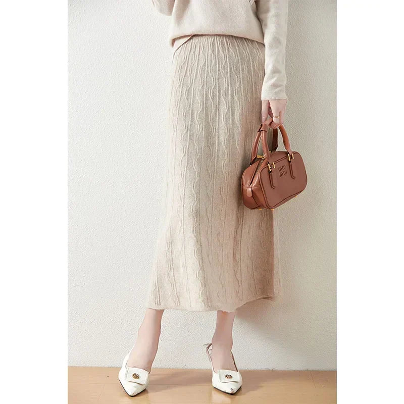 Women's Cable Knit Midi Skirt – High Waist Knitted Skirt
