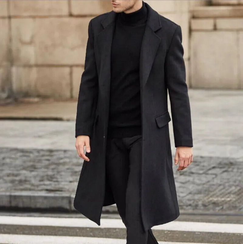 Men's Wool Blend Overcoat – Single Breasted Long Coat