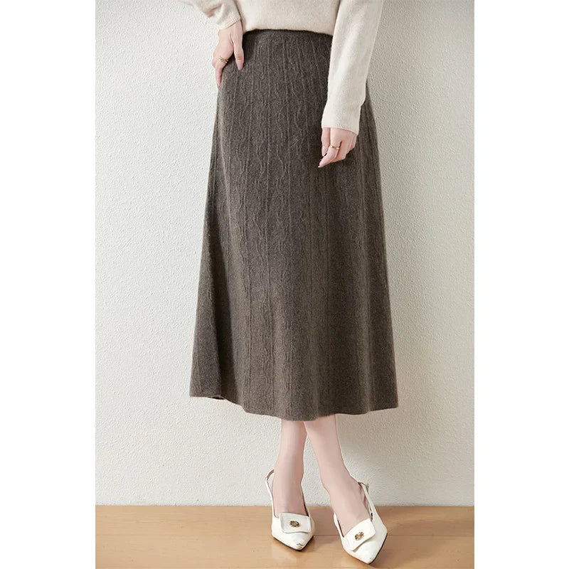 Women's Cable Knit Midi Skirt – High Waist Knitted Skirt
