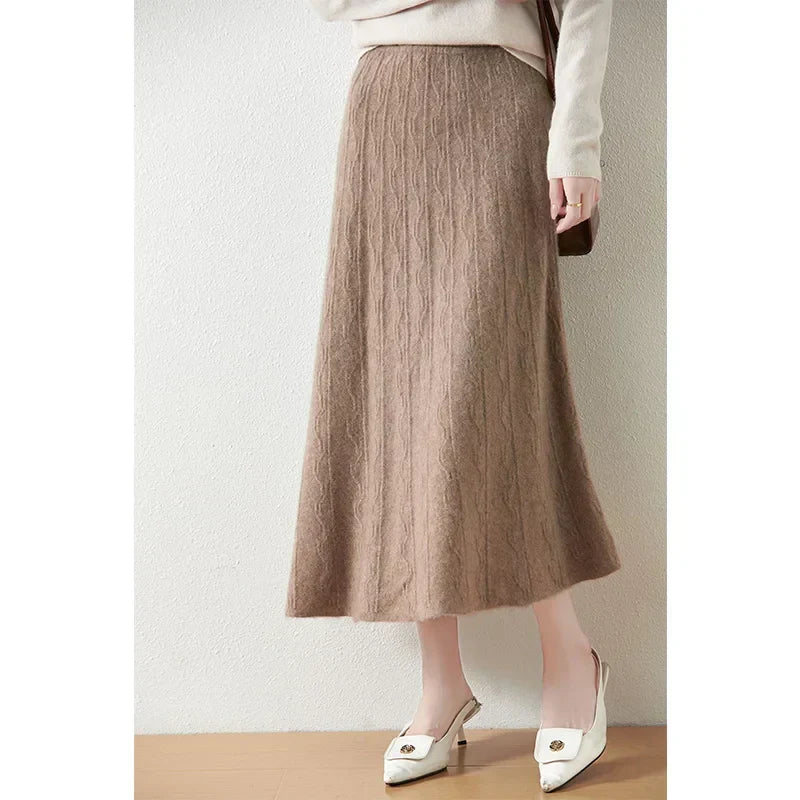 Women's Cable Knit Midi Skirt – High Waist Knitted Skirt
