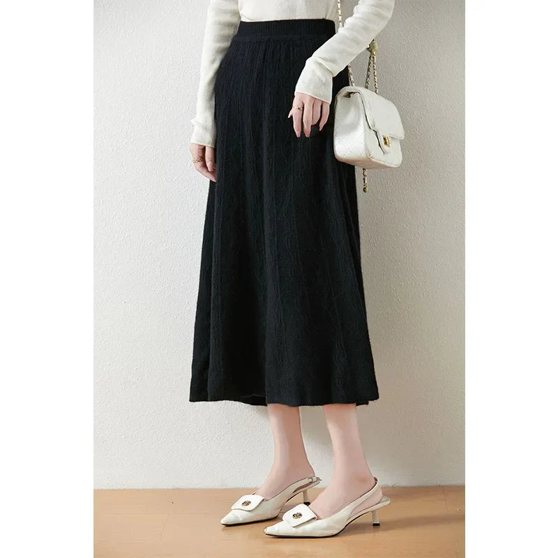 Women's Cable Knit Midi Skirt – High Waist Knitted Skirt