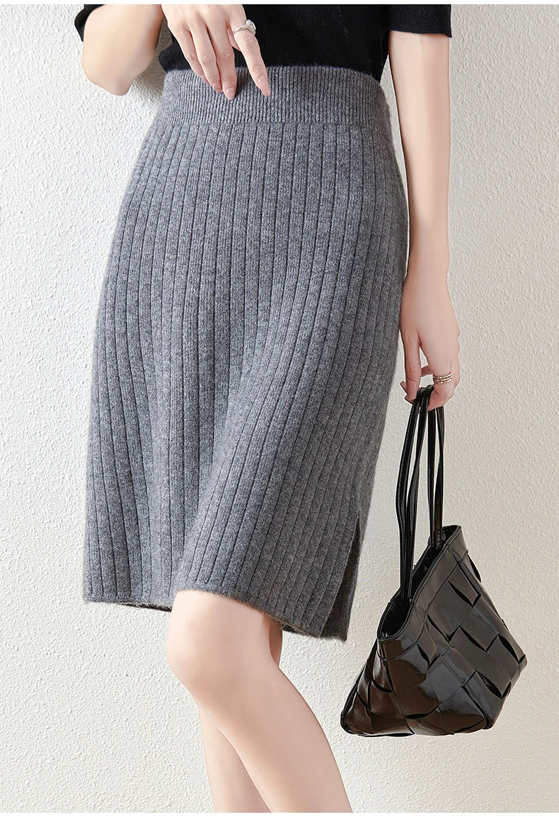 Women's Ribbed Knit Skirt – Knee Length Elastic Waist Skirt