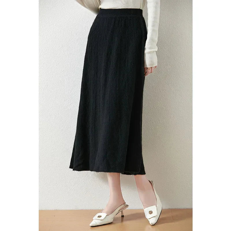 Women's Cable Knit Midi Skirt – High Waist Knitted Skirt