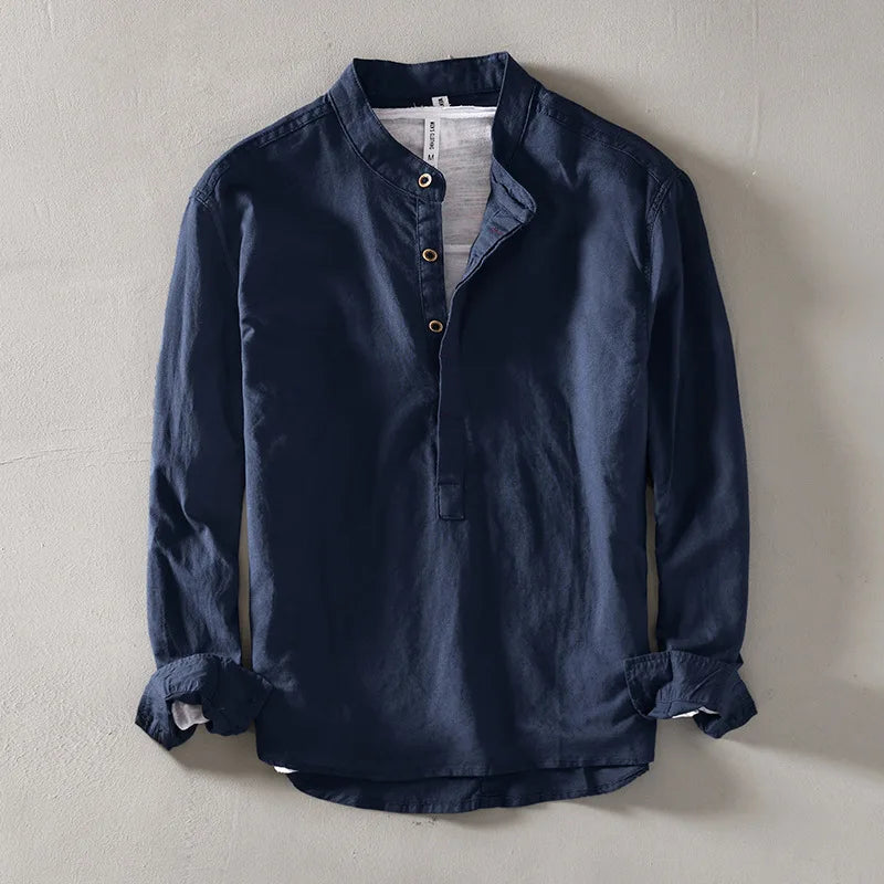 Men's Grandad Collar Popover Shirt – Long Sleeve Half Placket Shirt