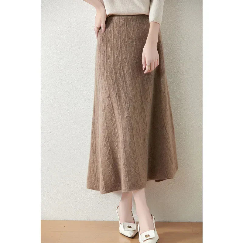 Women's Cable Knit Midi Skirt – High Waist Knitted Skirt