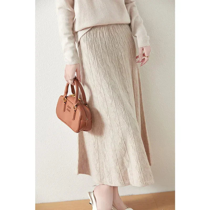 Women's Cable Knit Midi Skirt – High Waist Knitted Skirt