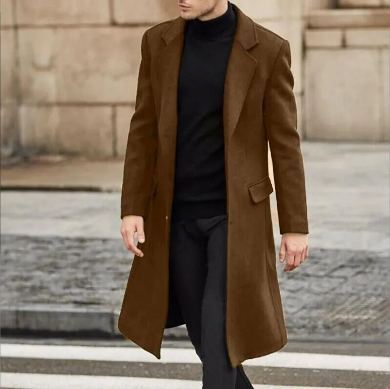 Men's Wool Blend Overcoat – Single Breasted Long Coat