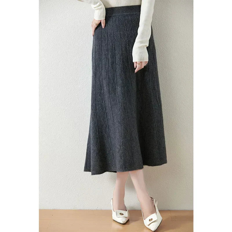 Women's Cable Knit Midi Skirt – High Waist Knitted Skirt