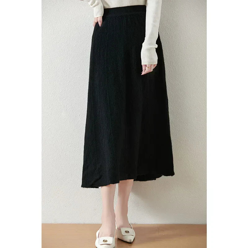 Women's Cable Knit Midi Skirt – High Waist Knitted Skirt