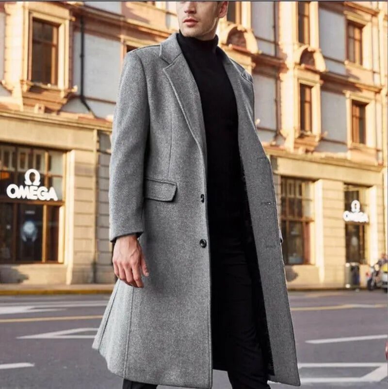 Men's Wool Blend Overcoat – Single Breasted Long Coat