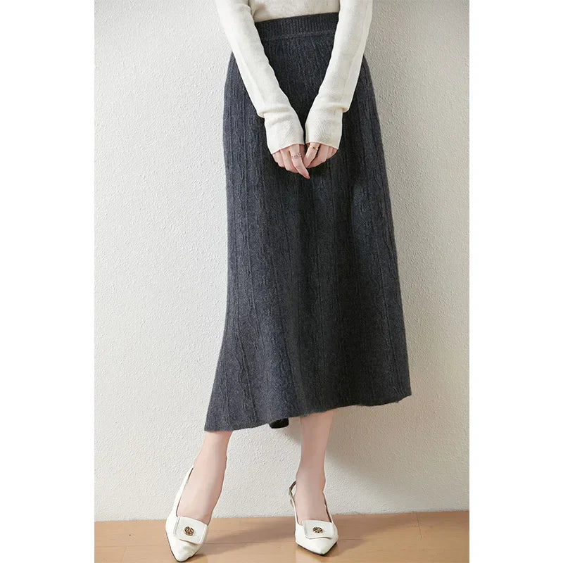 Women's Cable Knit Midi Skirt – High Waist Knitted Skirt