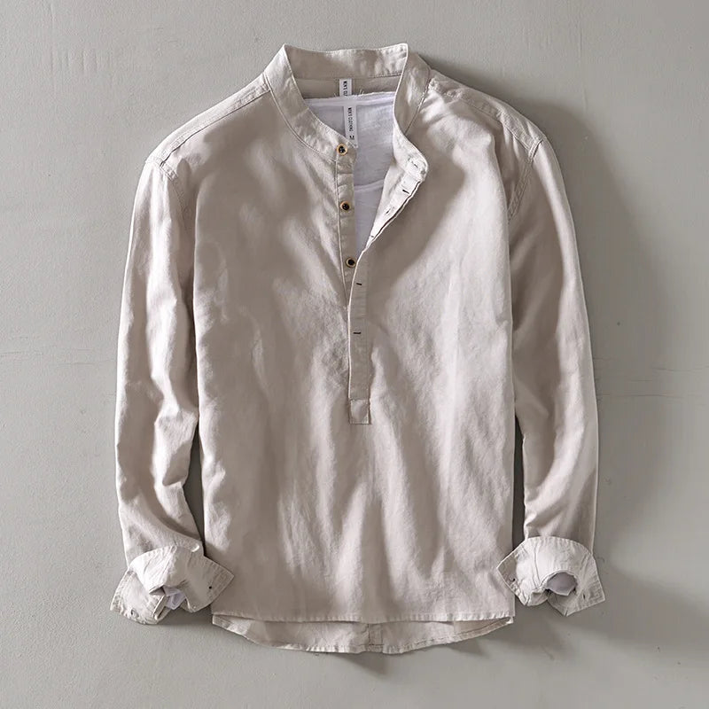 Men's Grandad Collar Popover Shirt in Khaki