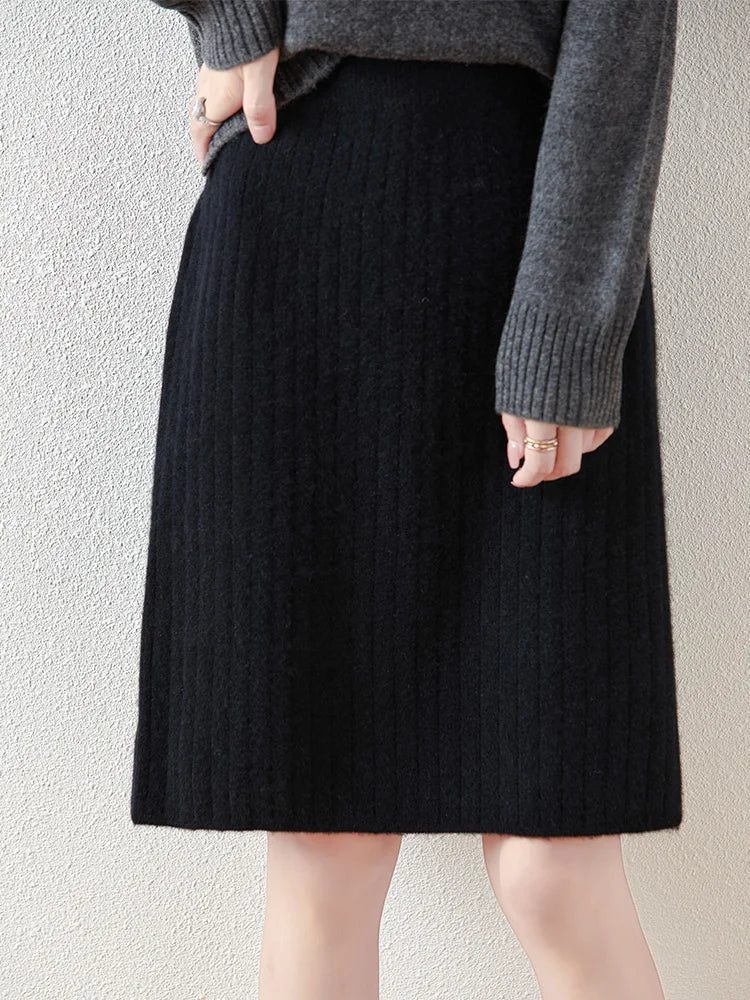 Women's Ribbed Knit Skirt – Knee Length Elastic Waist Skirt