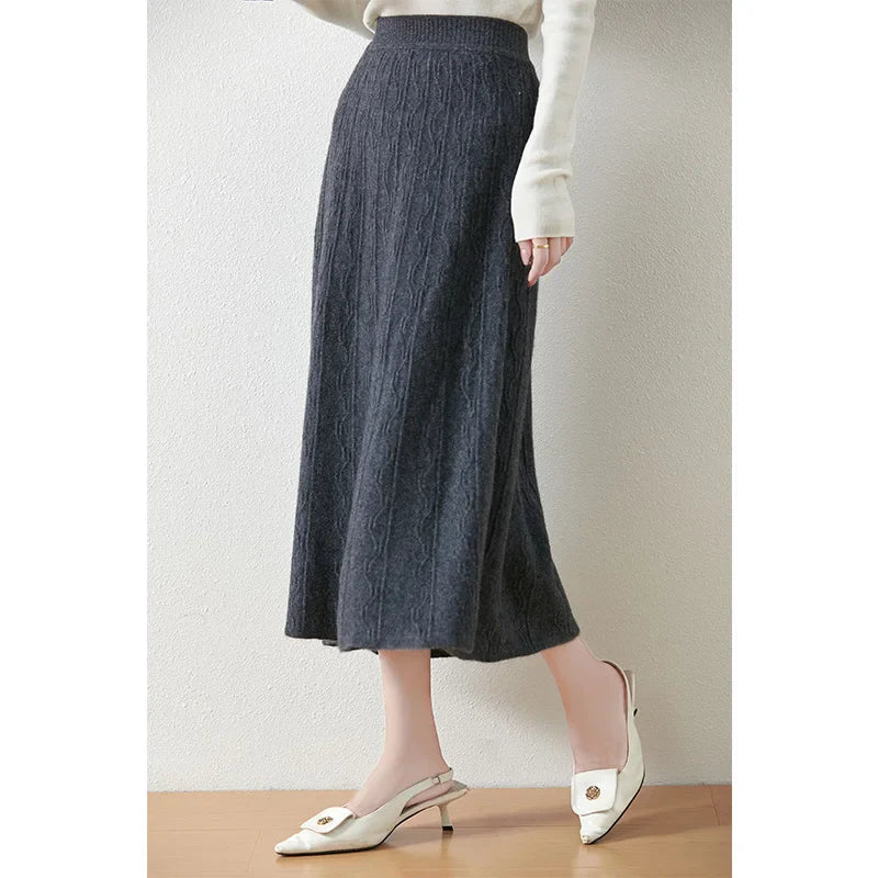 Women's Cable Knit Midi Skirt – High Waist Knitted Skirt