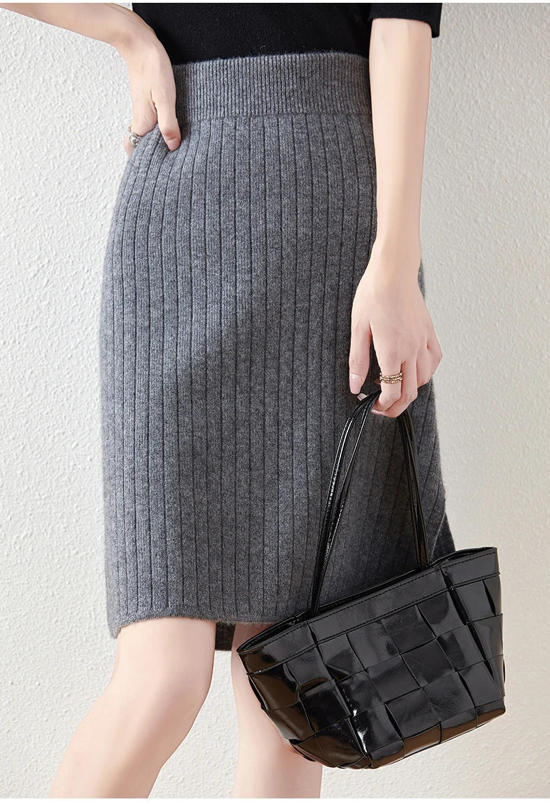 Women's Ribbed Knit Skirt – Knee Length Elastic Waist Skirt