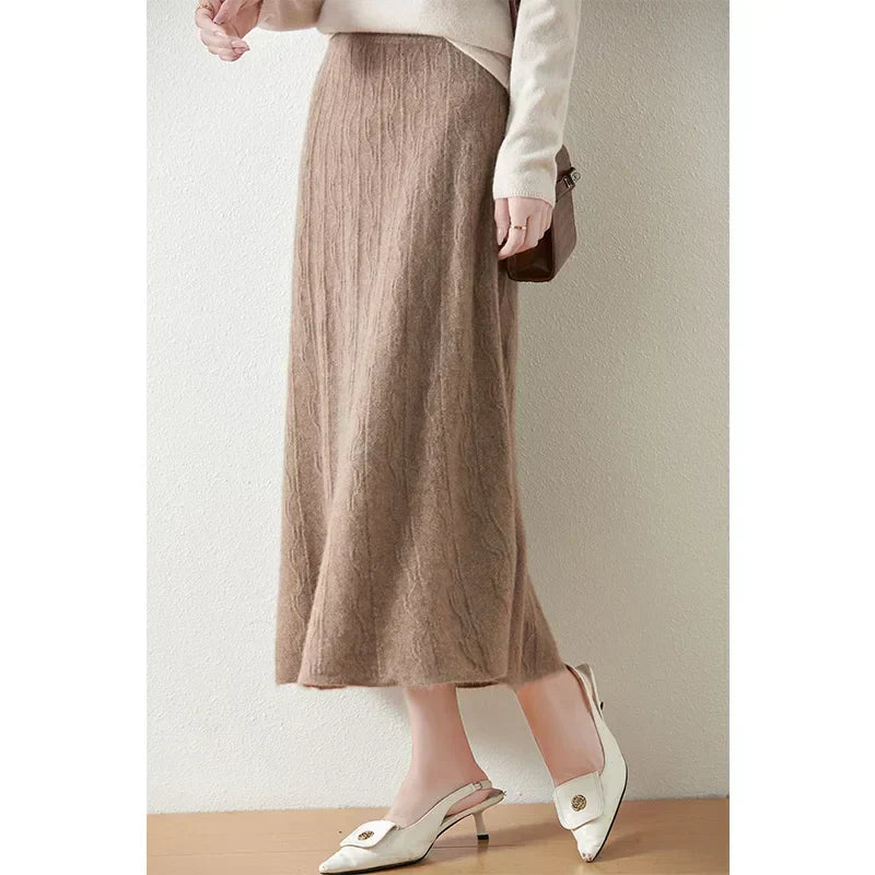 Women's Cable Knit Midi Skirt – High Waist Knitted Skirt