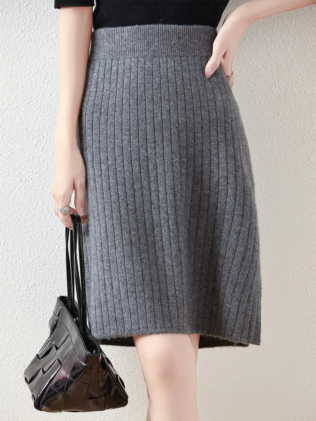 Women's Ribbed Knit Skirt – Knee Length Elastic Waist Skirt