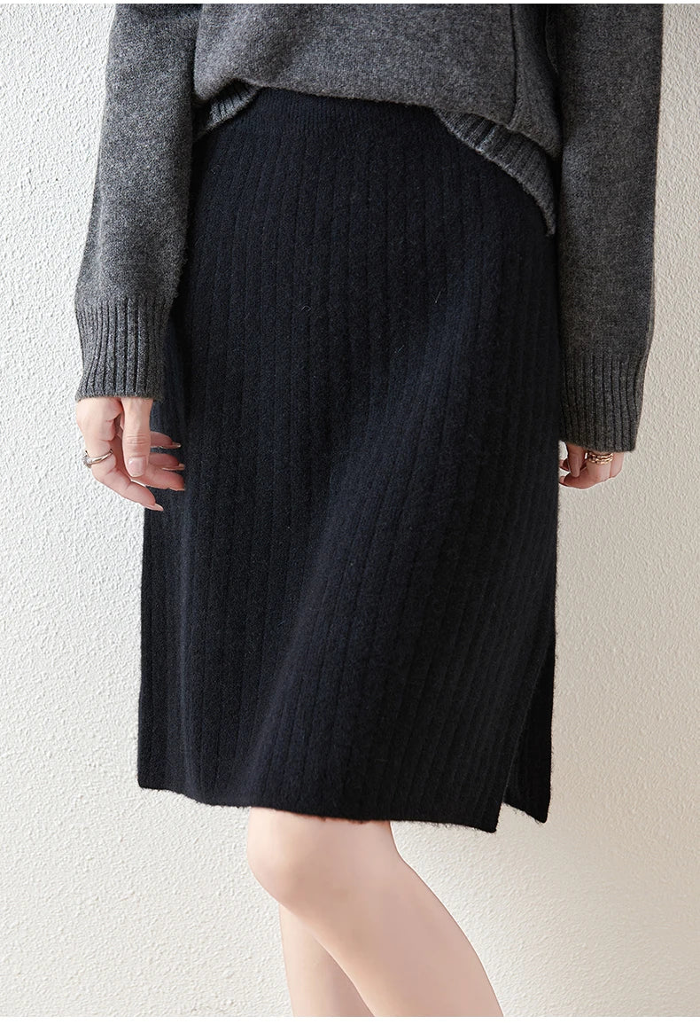 Women's Ribbed Knit Skirt – Knee Length Elastic Waist Skirt
