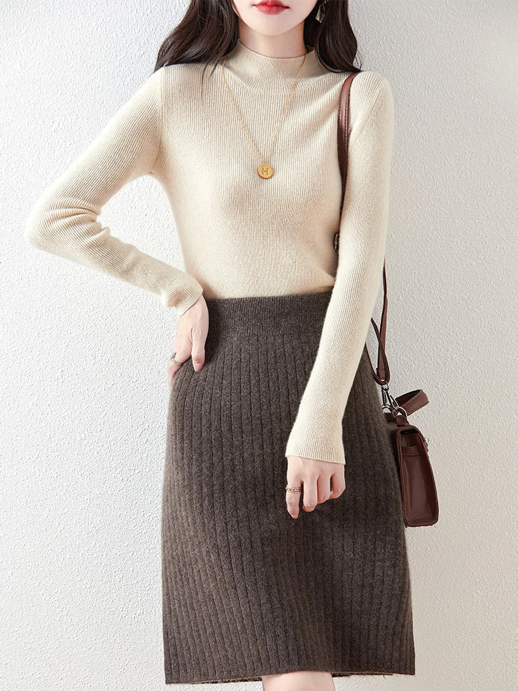 Women's Ribbed Knit Skirt – Knee Length Elastic Waist Skirt