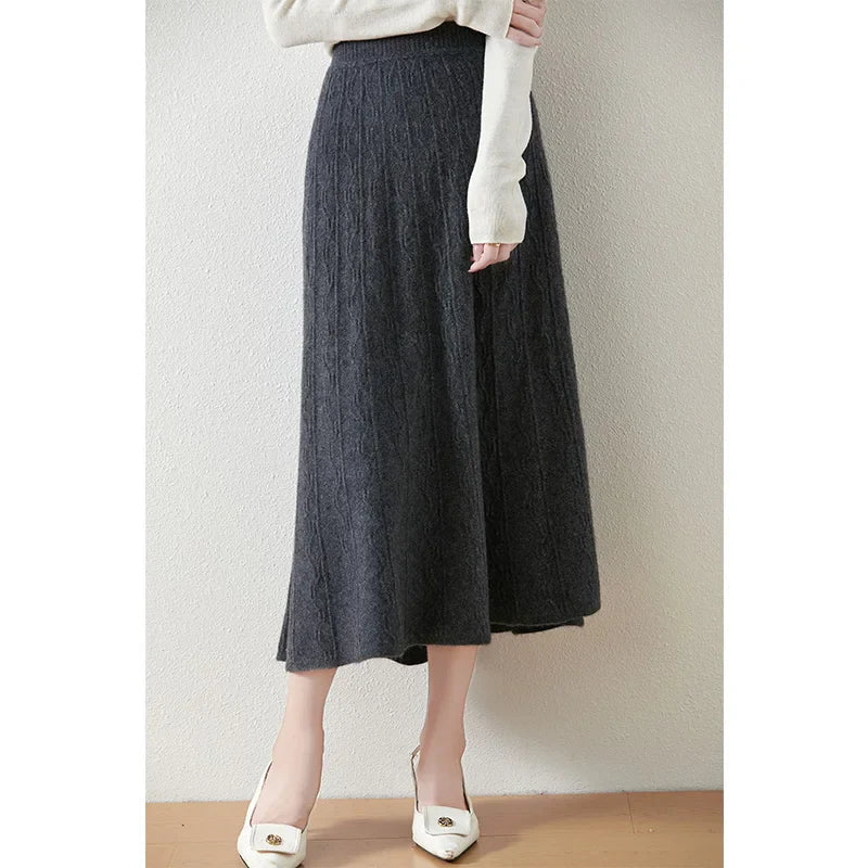 Women's Cable Knit Midi Skirt – High Waist Knitted Skirt