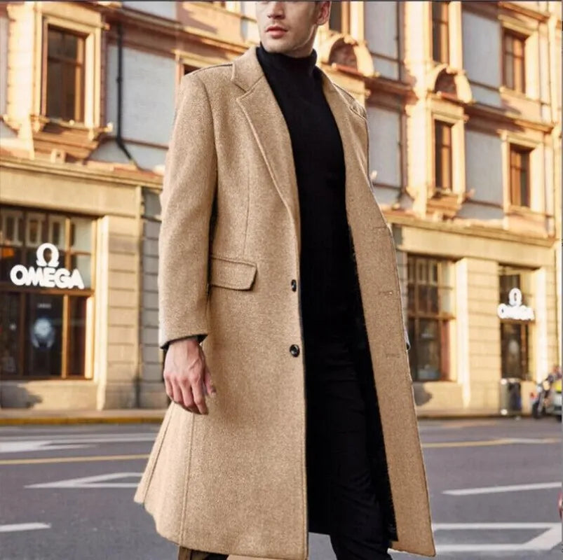 Men's Wool Blend Overcoat – Single Breasted Long Coat