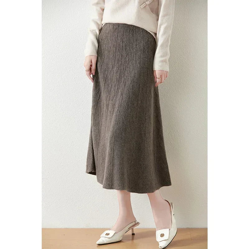 Women's Cable Knit Midi Skirt – High Waist Knitted Skirt
