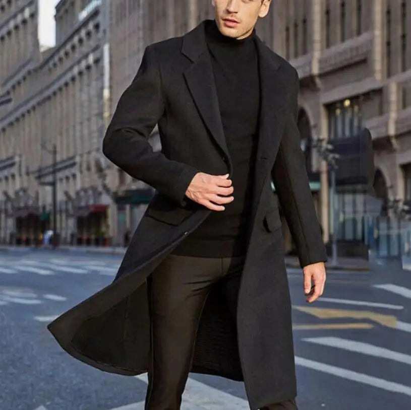 Men's Wool Blend Overcoat – Single Breasted Long Coat