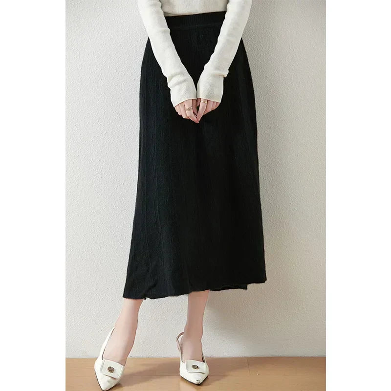 Women's Cable Knit Midi Skirt – High Waist Knitted Skirt